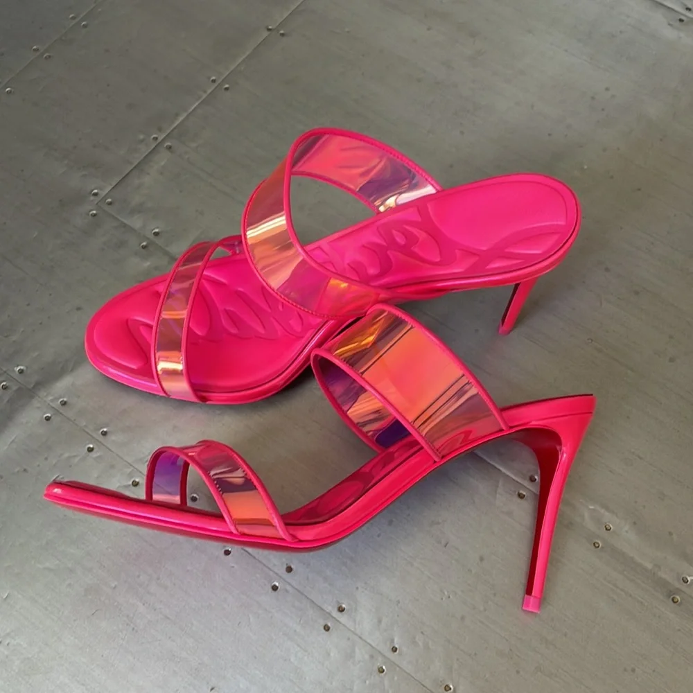 Christian Louboutin just loubi pink neon stiletto sandal pvc sz 39 85mm